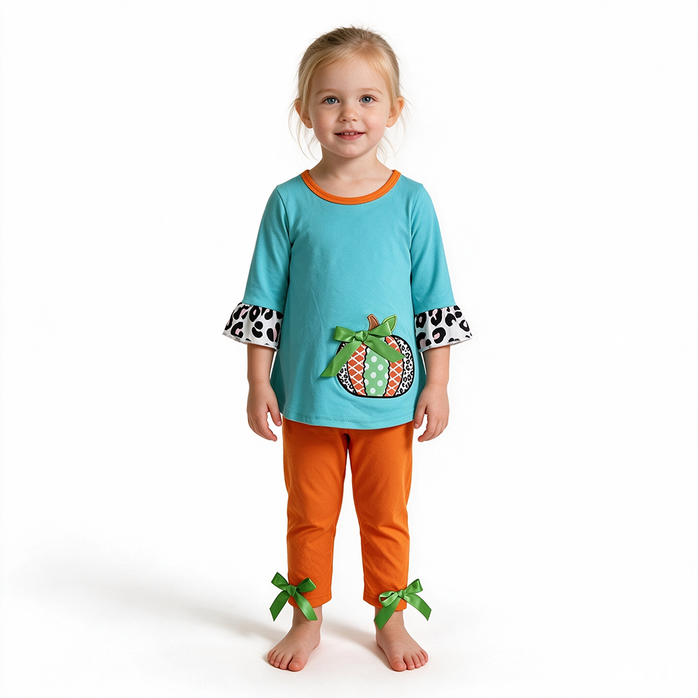 6 A3-12 Pumpkin Embroidery Blue Top Orange Capri Pants Girls Fall Clothes Set