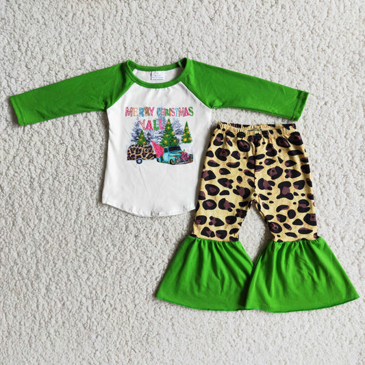 6 A4-5 Tree Camper Top Leopard Bell Pants Girls Christmas Clothes Set