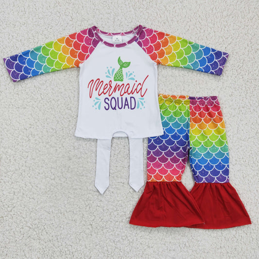 6 A9-11 Mermaid Raglan Sleeve Top Colorful Scales Bell Pants Girls Clothes Set