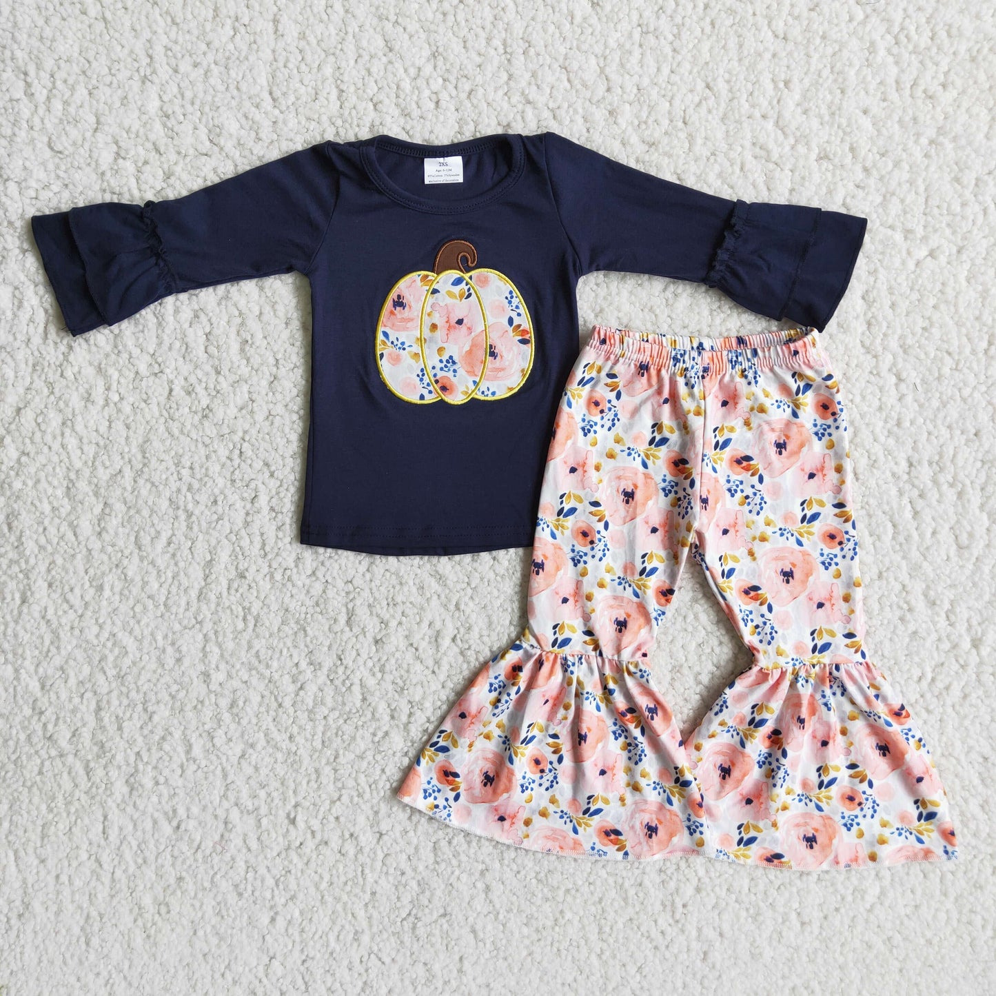 6 A9-15 Pumpkin Embroidery Navy Top Flowers Bell Pants Girls Fall Clothes Set
