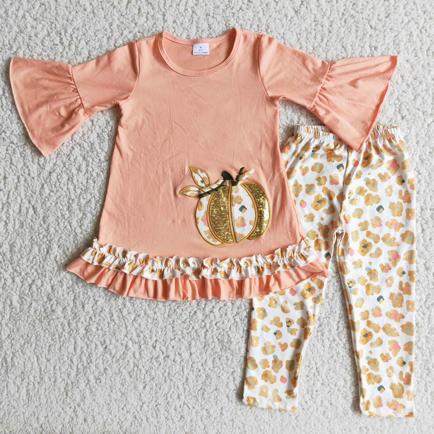 6 A9-30 Pumpkin Embroidery Pink Top Yellow Leopard Legging Pants Girls Fall Clothes Set