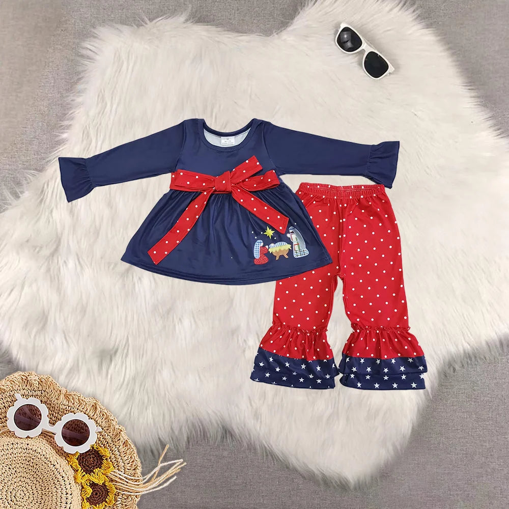 Sibling Girls Baby Girls Christmas Nativity Tunic Ruffle Pant Clothes Sets