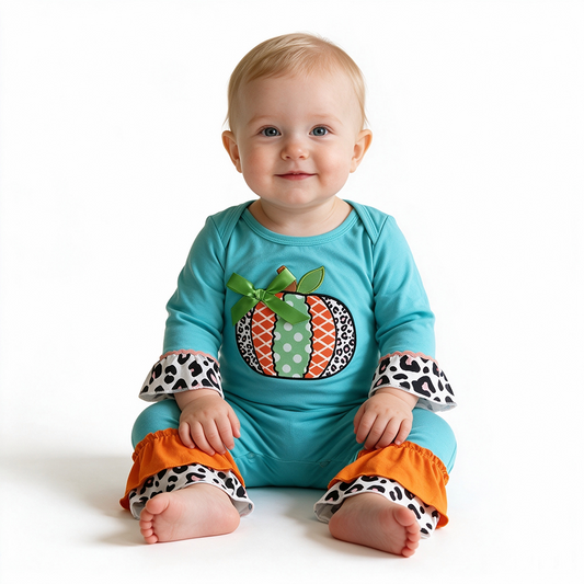 6 B2-19 Fall Pumpkin Embroidery Blue Baby Girls Ruffle Romper