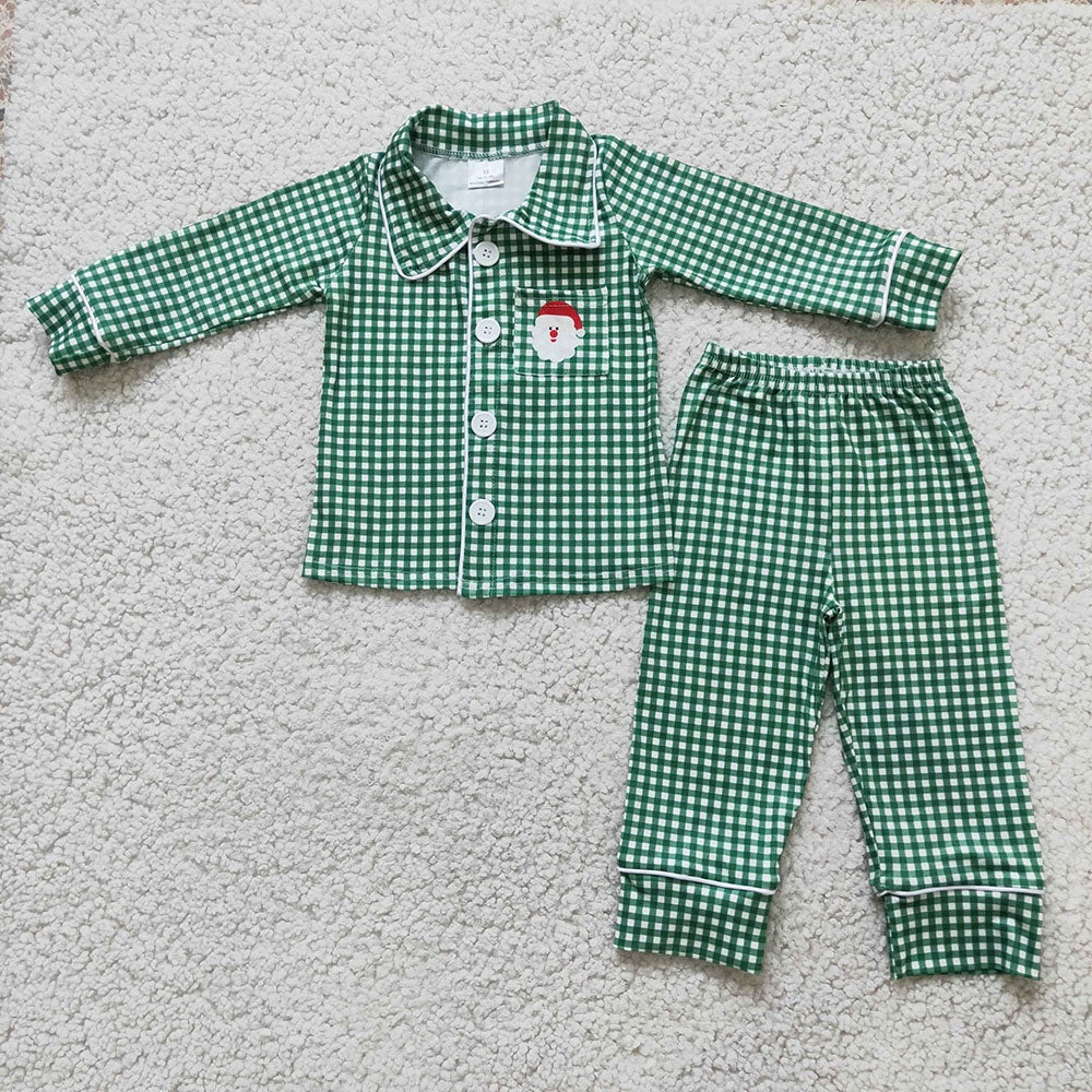Sibling Toddler Girls Boys Christmas Santa Green Gingham Gowns Pajamas Sets