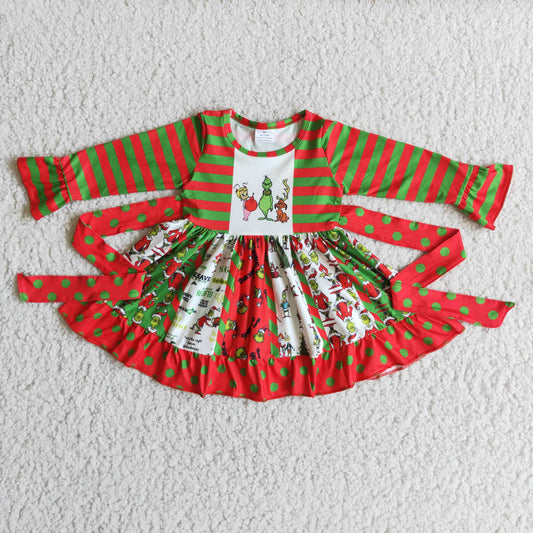 6 B3-5 Green Frog Stripes Print Girls Christmas Knee Length Twirl Dress
