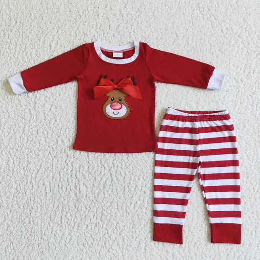 6 B4-24 Deer Embroidery Red Top Stripes Pants Girls Christmas Pajamas Clothes Set