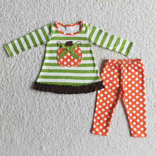 6 B4-3 Pumpkin Embroidery Green Stripes Top Dots Pants Girls Fall Clothes Set