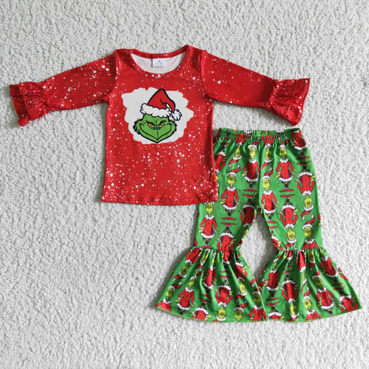 6 B6-37 Green Frog Red Top Bell Pants Girls Christmas Clothes Set