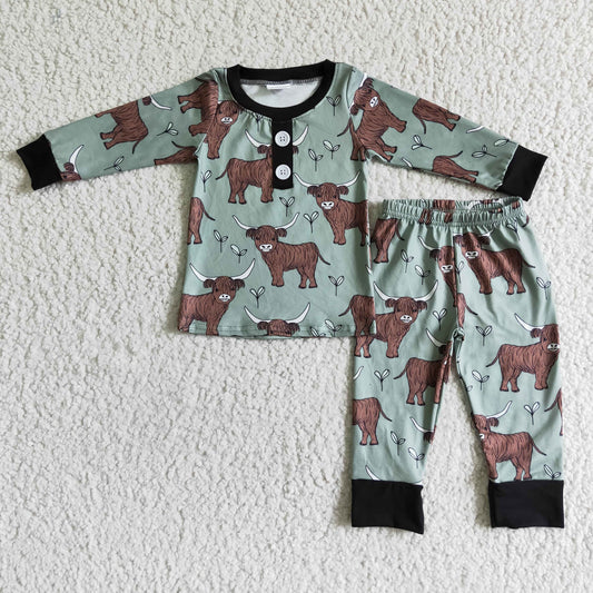 6 C11-23 Highland Cow Print Boys Pajamas Clothes Set