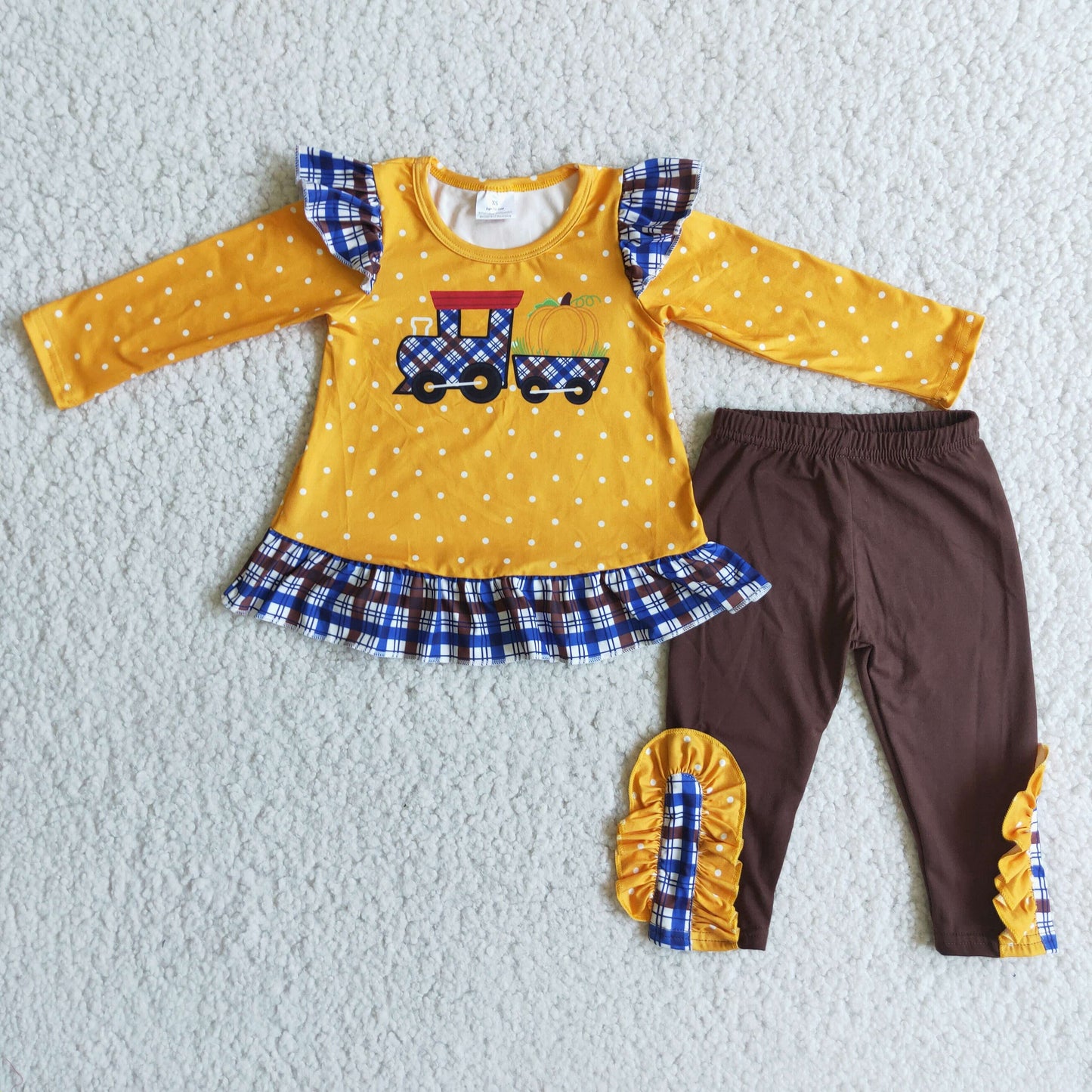 6 C8-20 Kentucky Pumpkin Train Dots Top Brown Capri Pants Girls Fall Clothes Set