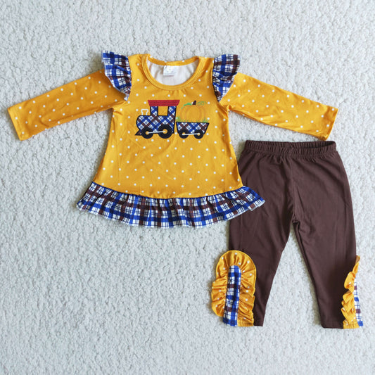 6 C8-20 Kentucky Pumpkin Train Dots Top Brown Capri Pants Girls Fall Clothes Set
