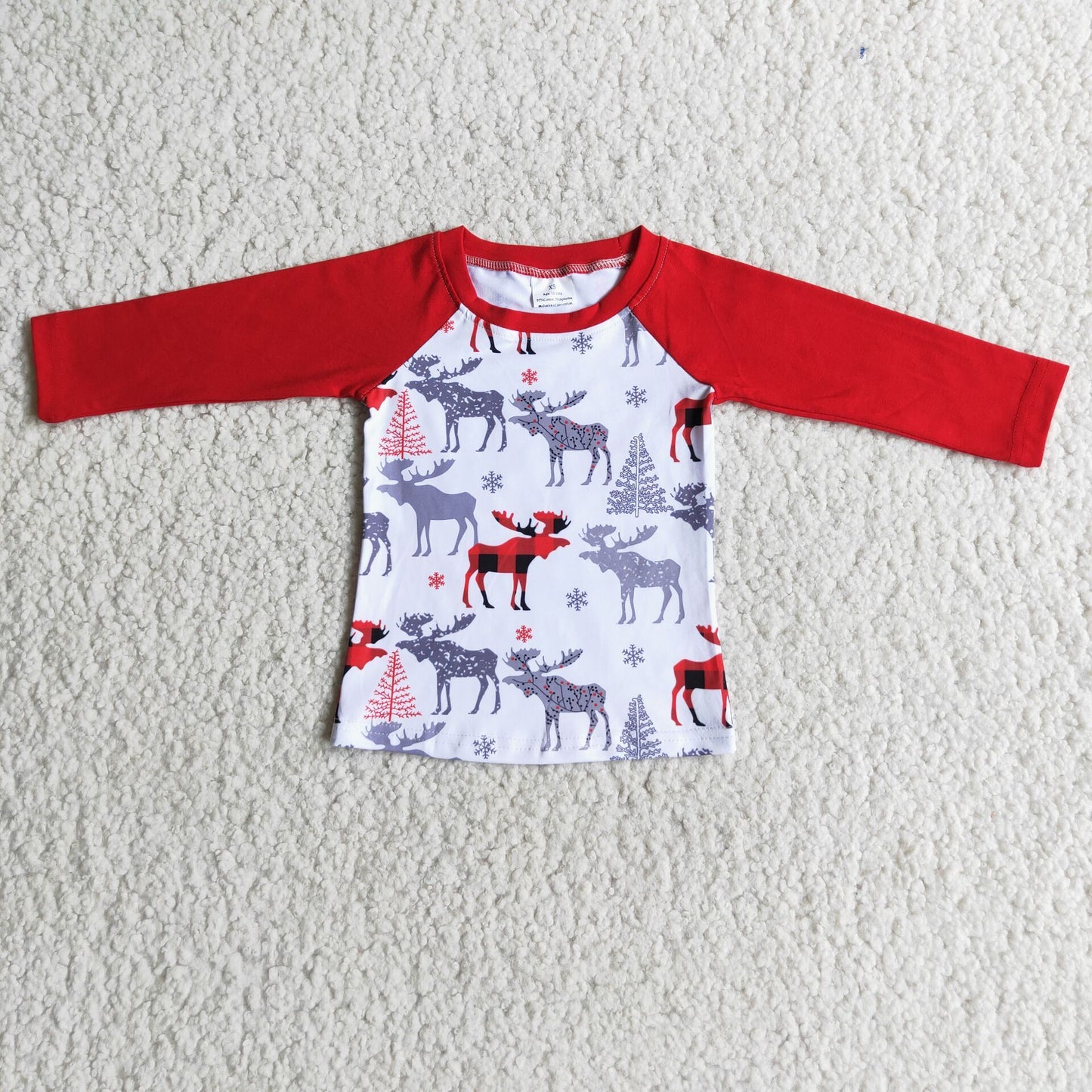 (Promotion)6 C8-29 Moose Red Print Boys Christmas Raglan Sleeve Tee Shirts Top