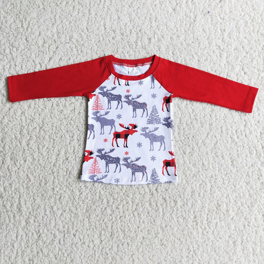 (Promotion)6 C8-29 Moose Red Print Boys Christmas Raglan Sleeve Tee Shirts Top