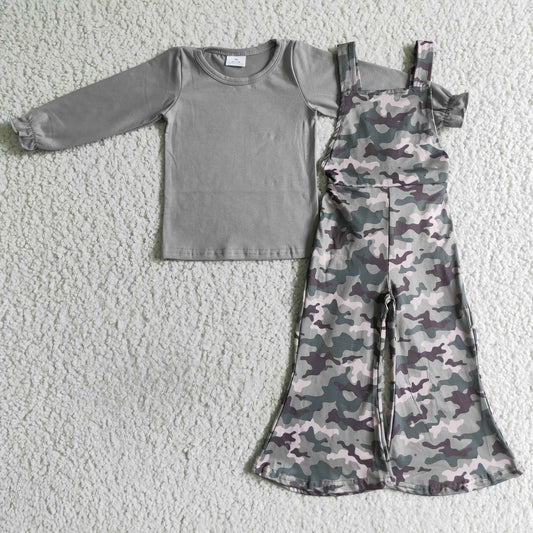 6 C9-36 Grey Top Camo Jumpsuit Girls Overall 2pcs Clothes Set