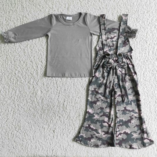 6 C9-36 Grey Top Camo Jumpsuit Girls Overall 2pcs Clothes Set