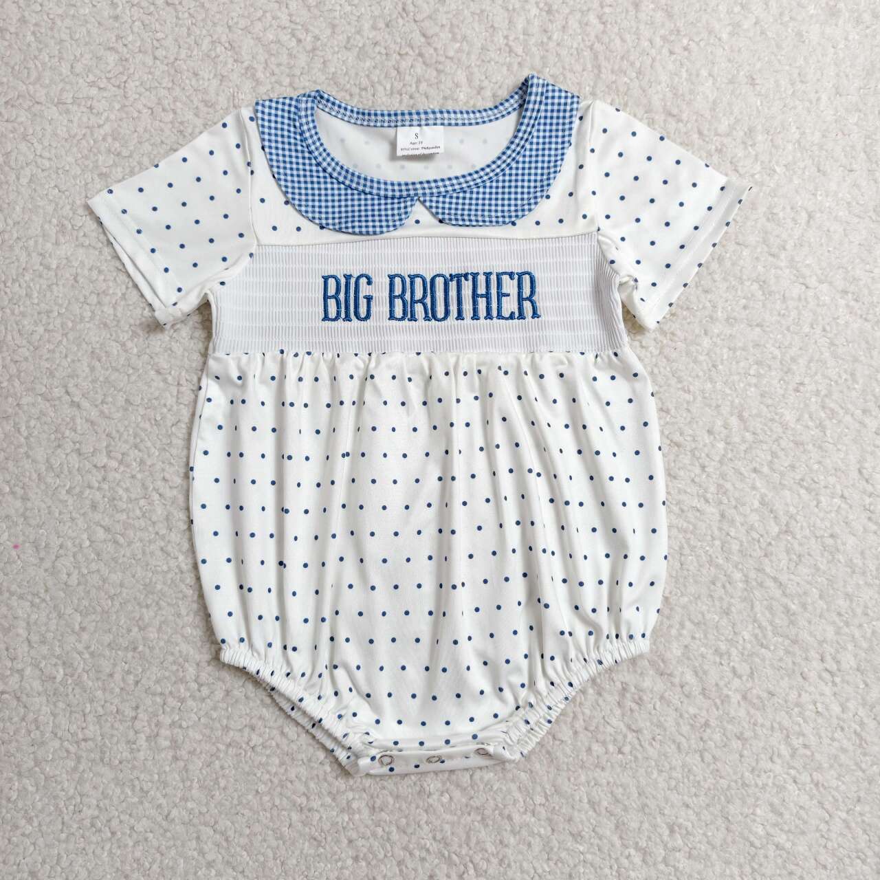 SR3980 Big Brother Embroidery Blue Polka Dot Baby Boys Smocked Bubble Romper