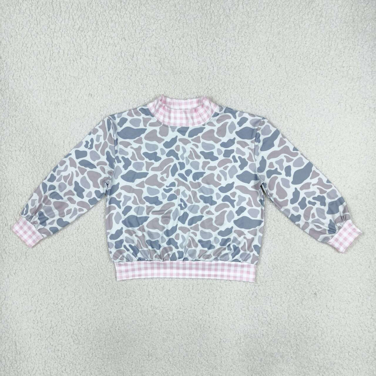 Grey Camo Print Gingham Nock Neck Girls Tee Shirts Top