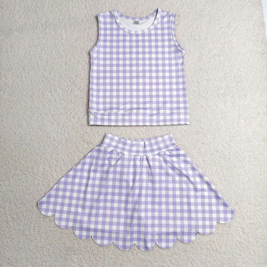 GSD4067 Violet Gingham Sleeveless Top Scallop Skort Girls Active Outfits