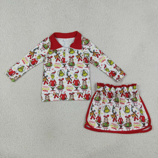 Girls Green Face Christmas Outfit - Half Zip Top & Skirt Set