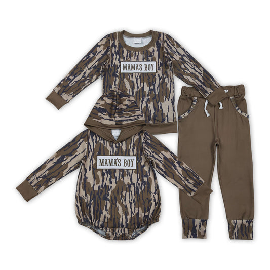 Sibling Baby Boys Embroidery Mama's Boy Olive Camo Pockets Pant Clothes Sets Hoodie Romper