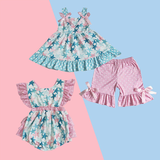 Baby girls sibling starfish summer shorts sets+romper