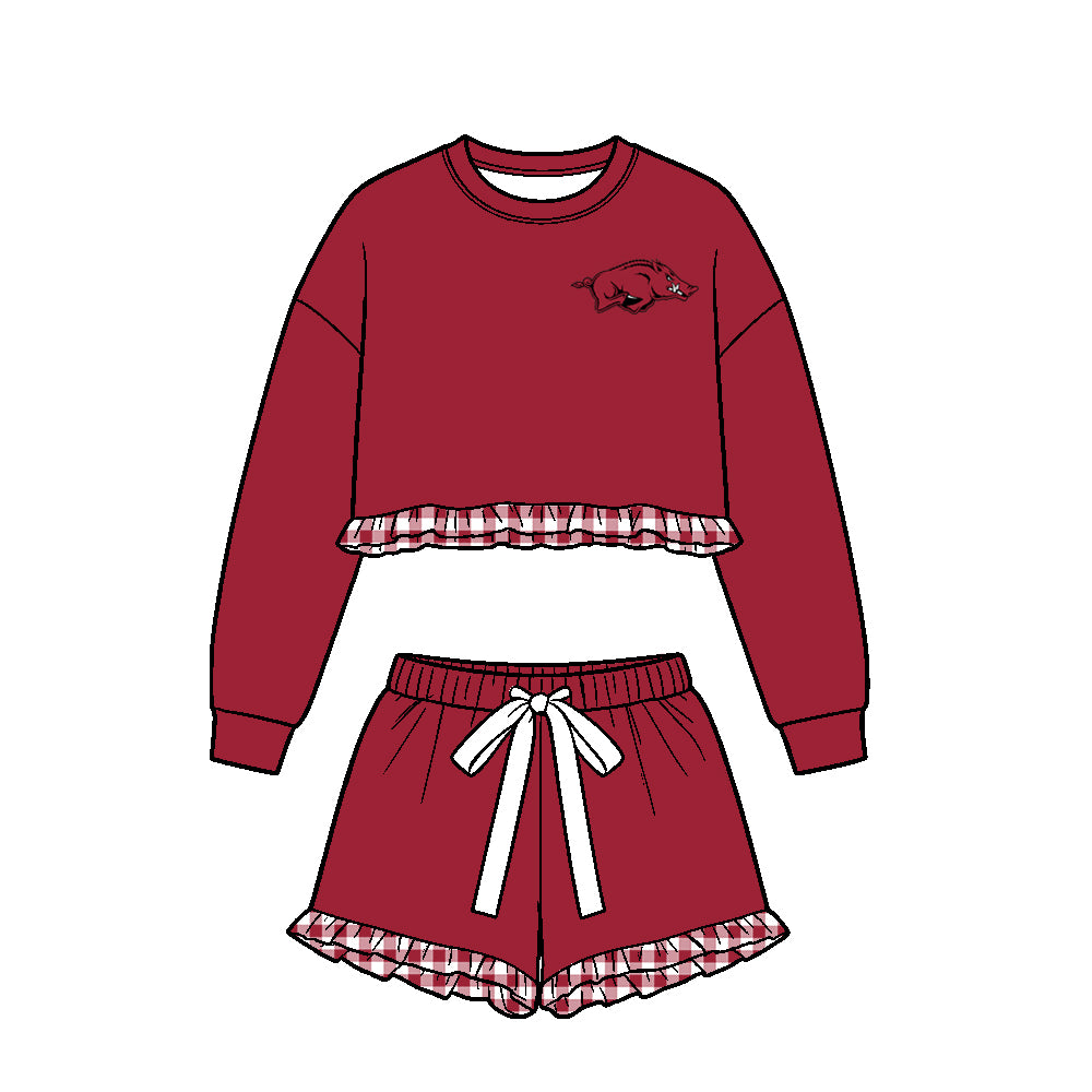 (Custom Design Preorder MOQ 5 Each)Teams Logo Print Long Sleeve Top Shorts Girls Clothes Set Sisters Wear