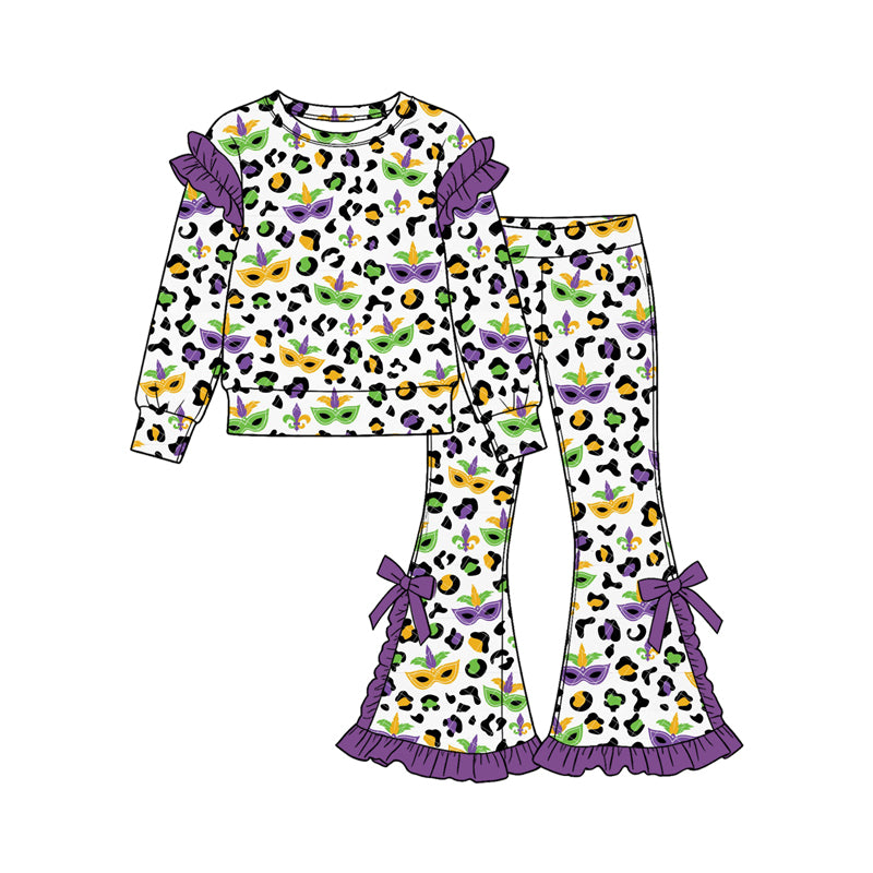 (Custom Design Preorder MOQ 5 Each) Mask Leopard Print Girls Mardi Gras Clothes Set Sisters Wear