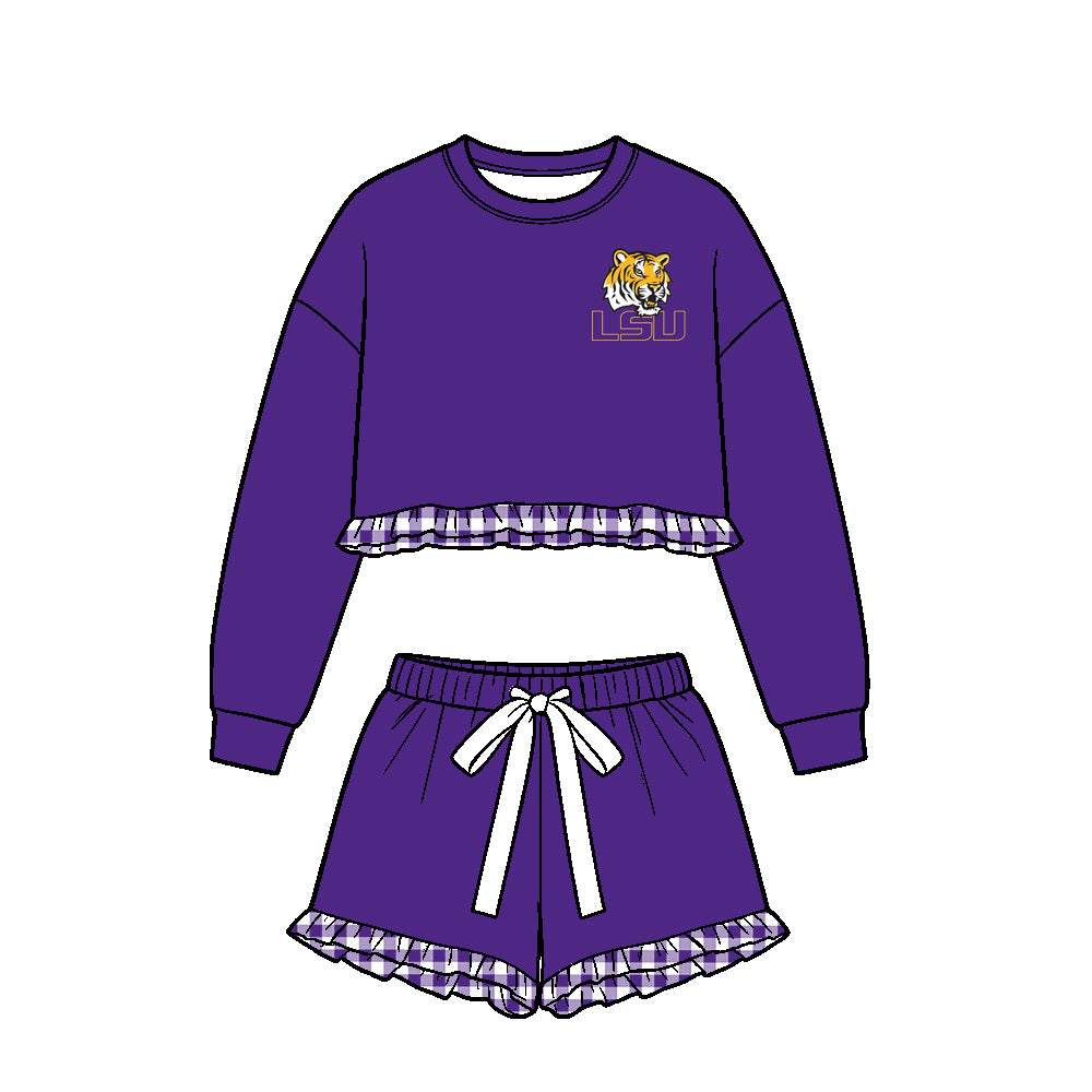 (Custom Design Preorder MOQ 5 Each)Teams Logo Print Long Sleeve Top Shorts Girls Clothes Set Sisters Wear