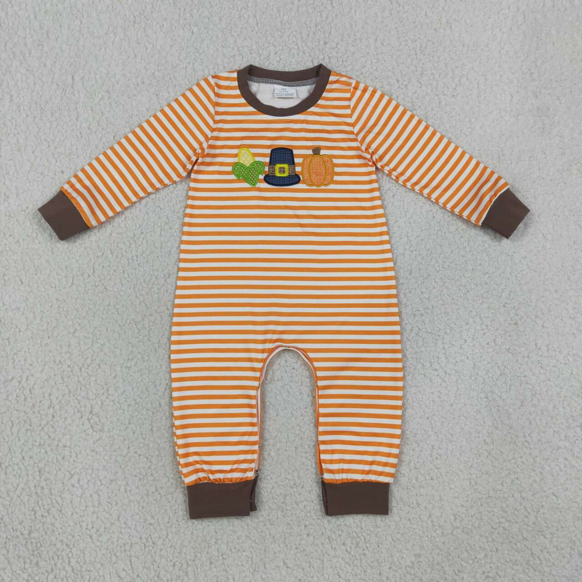 LR3037 Corn & Pumpkin Embroidery Stripes Baby Boys Thanksgiving Romper