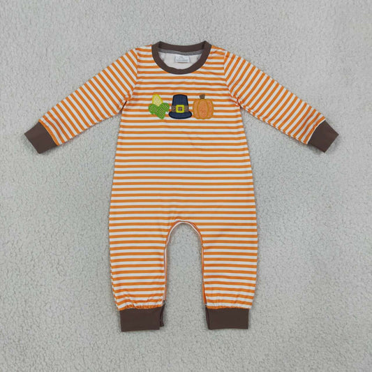 LR3037 Corn & Pumpkin Embroidery Stripes Baby Boys Thanksgiving Romper