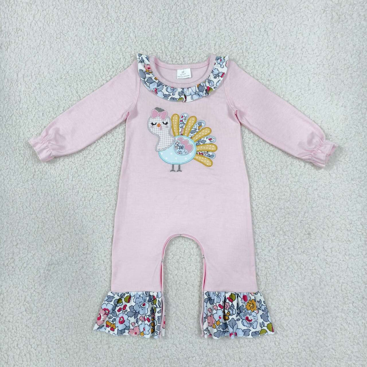 LR3216 Floral Turkey Embroidery Baby Girls Thanksgiving Long Sleeve Romper
