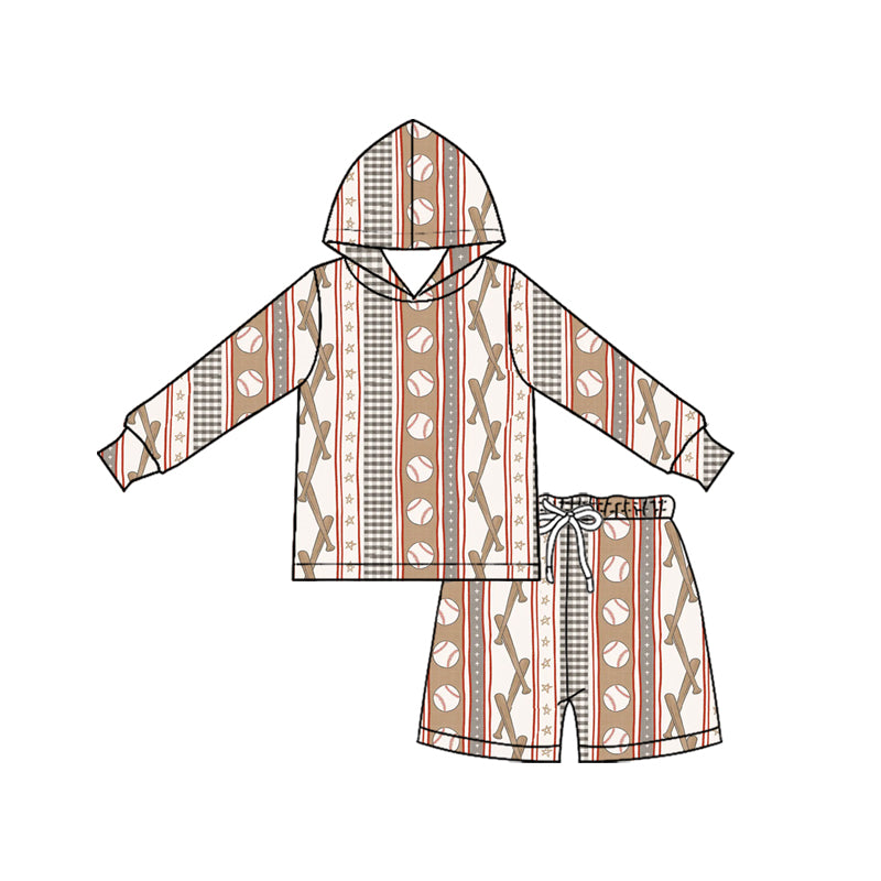 (Custom Design Preorder MOQ 5 Each)Baseball Print Hoodie Top Pockets Shorts Boys Clothes Set Brothers Wear