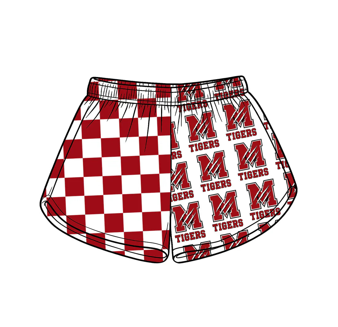 (Custom  Preorder MOQ 5) Baby Girls Red Checked M Tigers Team Shorts Bottom