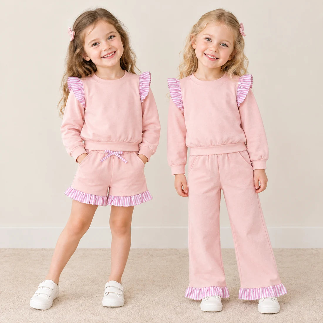 Sibling Kids Girls Pink Long Sleeve Top with Pants and Shorts Outfit
