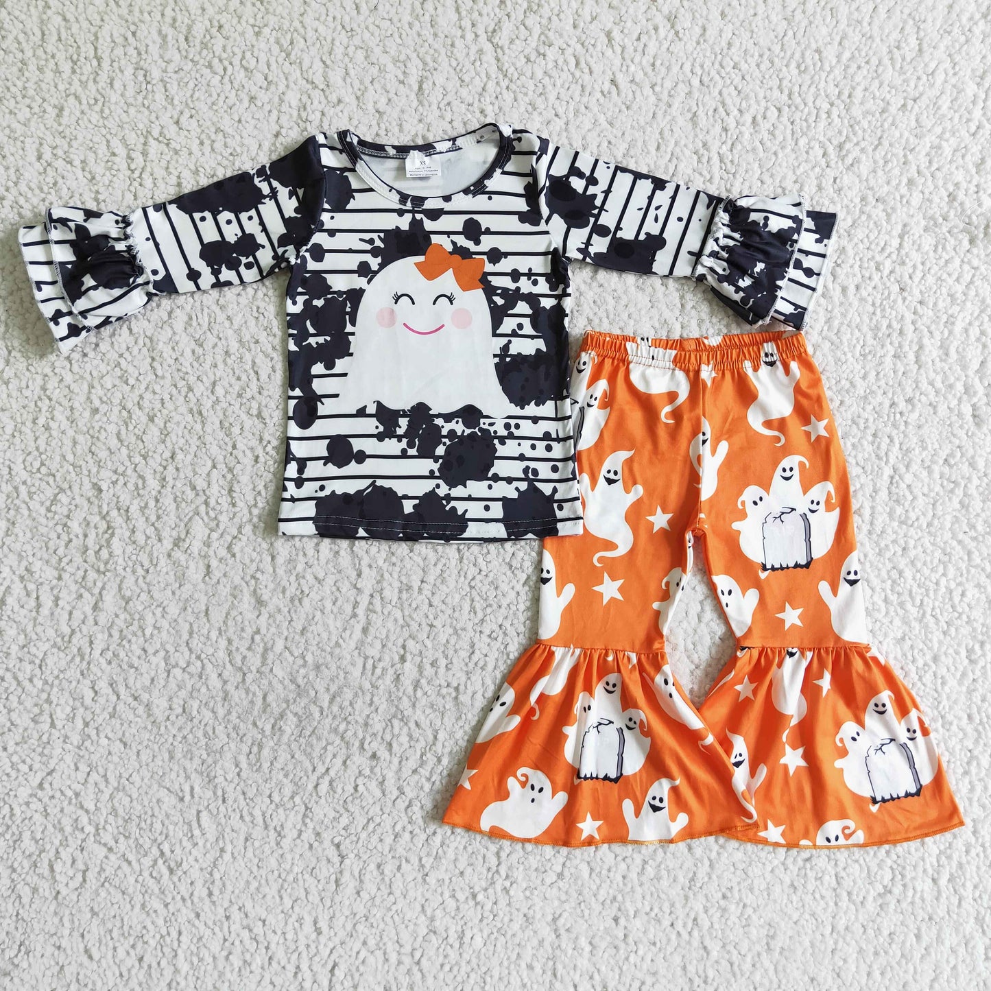 (Promotion) 6 A11-13 Ghost Stripes Top Orange Bell Pants Girls Halloween Clothes Set