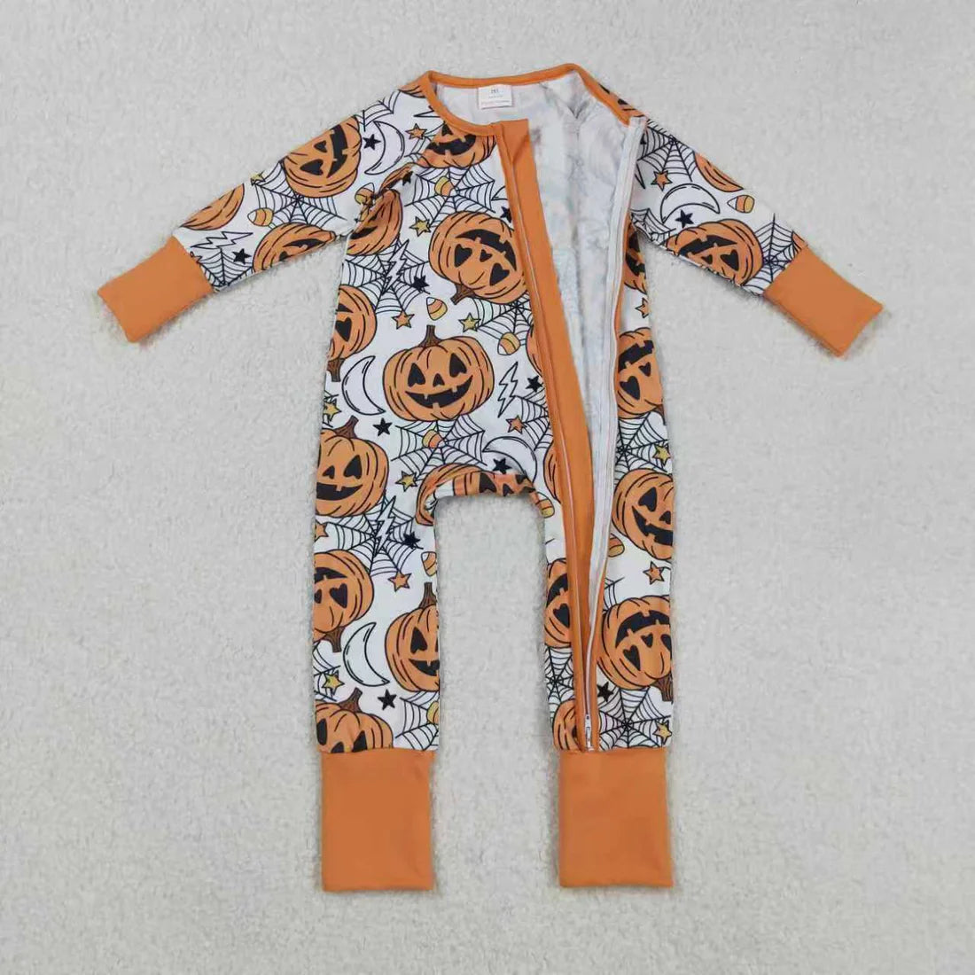 Sibling Baby Girls  Orange Pumpkins Halloween Pajamas Sets Rompers Knee Length Dresses