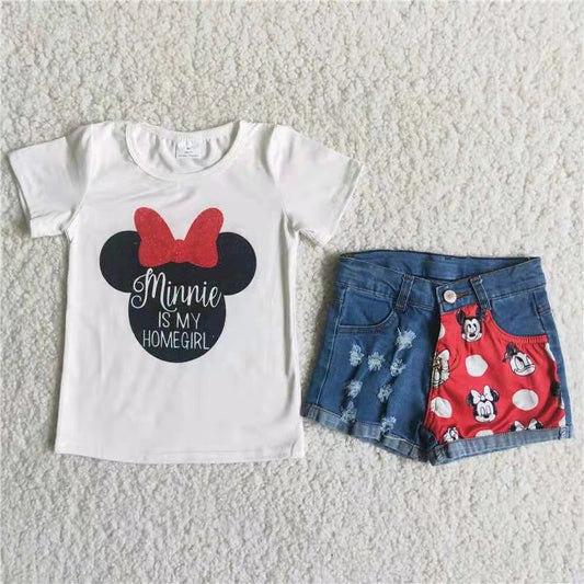 Cartoon Mouse Top denim shorts girls summer outfits   C15-19