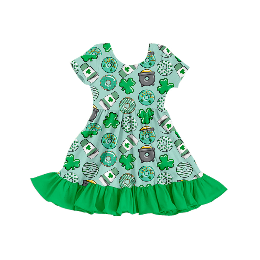(Custom Design Preorder MOQ 5) 4 Leaf Clover Bows Print Girls Knee Length Ruffle Dress Sisters Wear