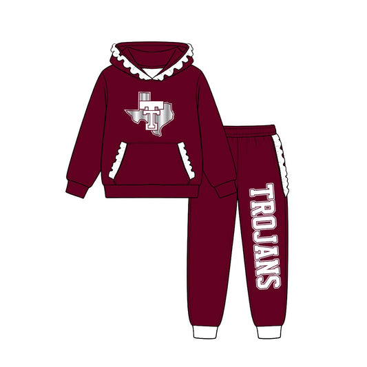 (Custom Design Preorder MOQ 5) Teams Troy Trojans Wine White Ruffles Hoodie Top Pockets Joggers Pants Woman Yoga Clothes Set
