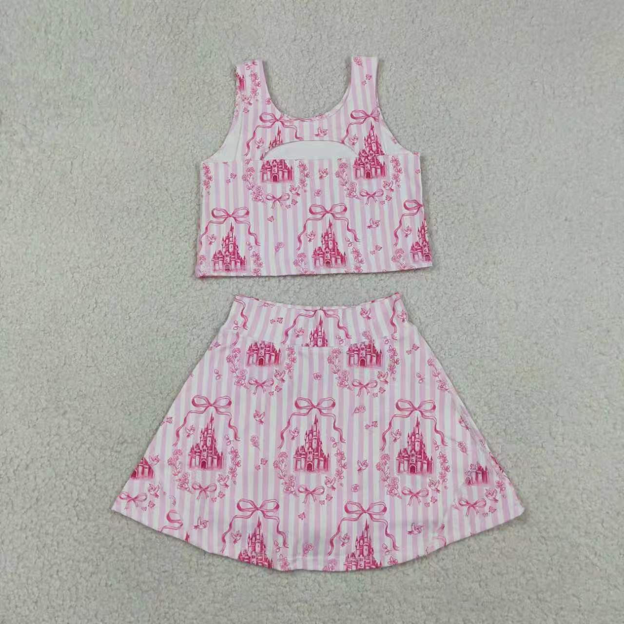 Toddler Girls Sibling Pink Castle Sleeveless Crop Top & Skort Set Summer Activewear