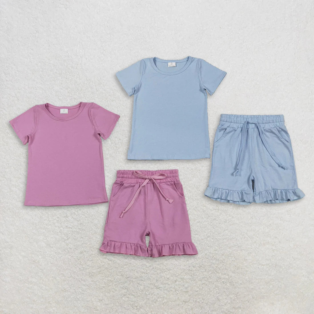 Sibling Baby Girls Short Sleeve Cotton Shirts Top Pockets Ruffle Short Clothes Sets