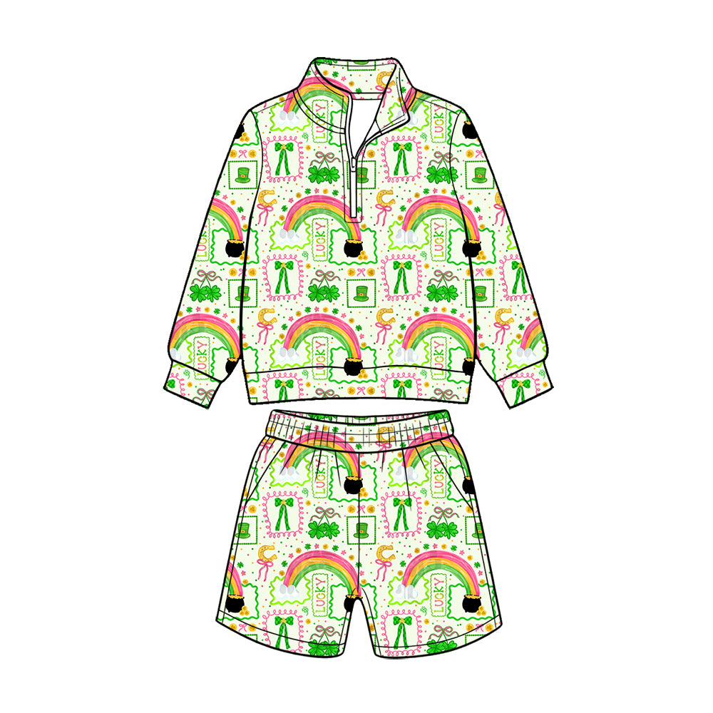 (Custom Design Preorder MOQ 5 Each) Rainbow Bows Print Long Sleeve Zipper Top Shorts Girls St Patrick Day Clothes Set Sisters Wear