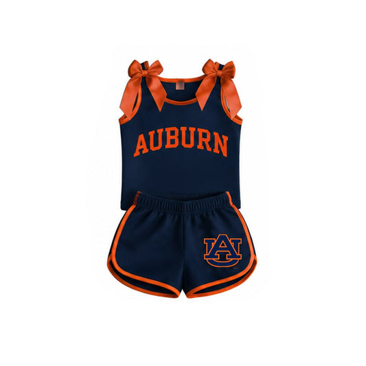 7.4 Preorder  Girls  Auburn Orange Bow Navy Strap Tank &  Shorts 2 Piece Vinyl Outfit