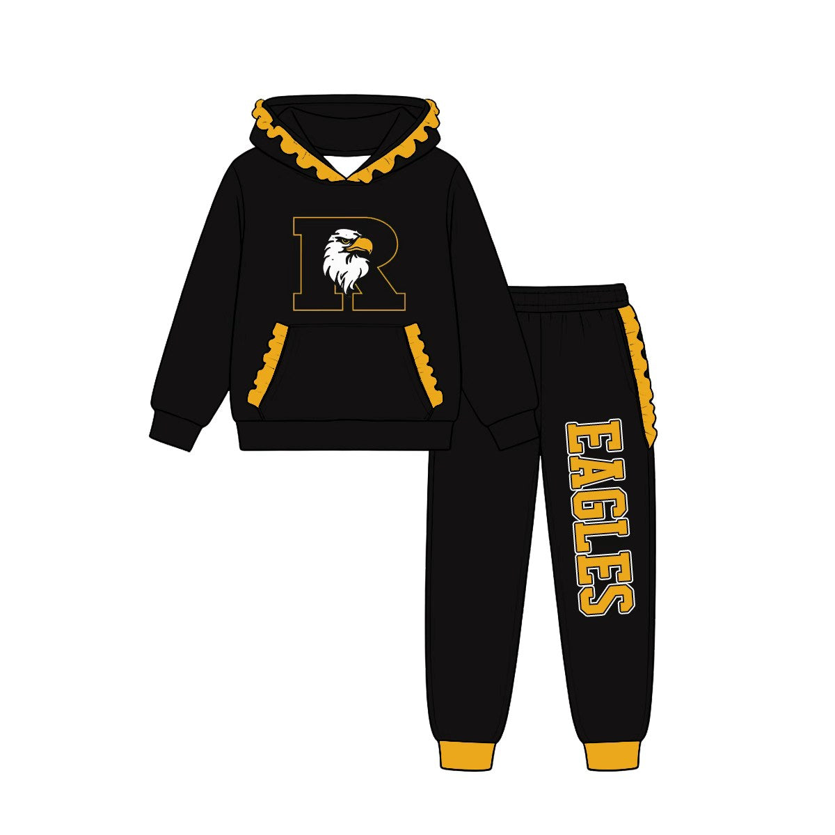 (Custom Design Preorder MOQ 5) Teams Rogers Eagles Black Gold Ruffles Hoodie Top Pockets Joggers Pants Girls Yoga Clothes Set