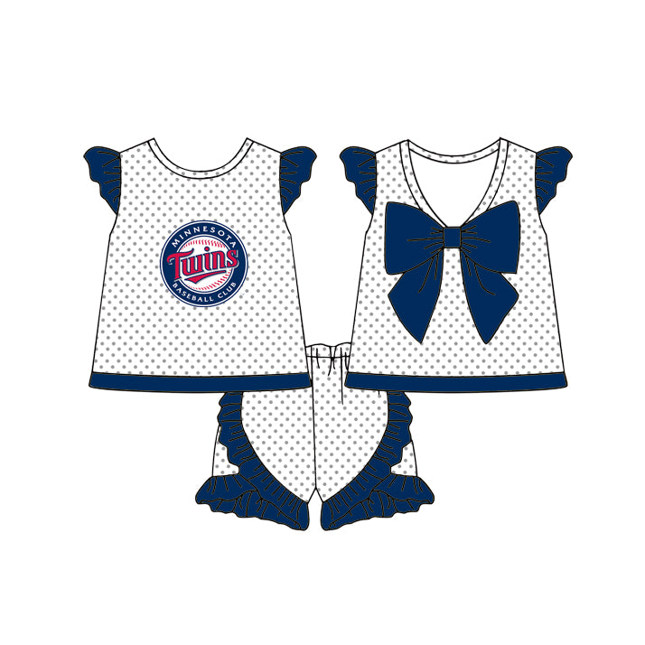 Preorder (moq 5)Baby Girls Twins Polka Dots Back Bow Tunic Ruffle Shorts Team Clothes Sets