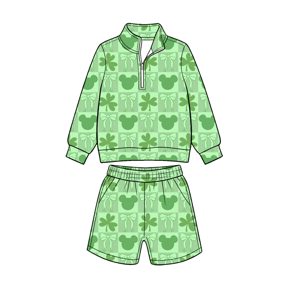 (Custom Design Preorder MOQ 5 Each) Rainbow Bows Print Long Sleeve Zipper Top Shorts Girls St Patrick Day Clothes Set Sisters Wear