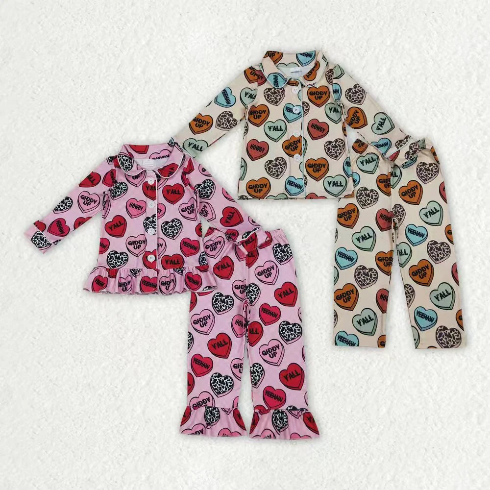 Sibling Baby Girls  Boys Valenties Heart Button Pants Pajama Set