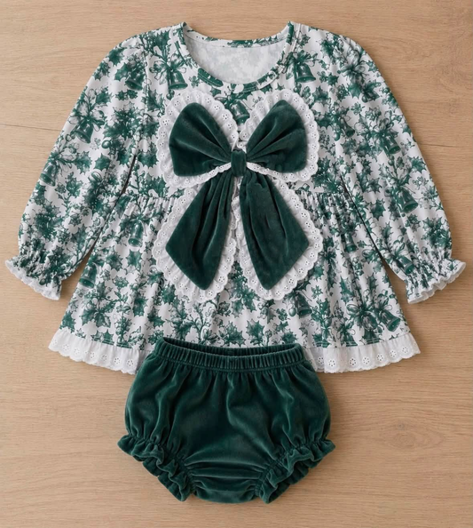 (Custom Design Preorder MOQ 5 ) Holly Green Print Velvet Big Bow Baby Girls Christmas Bummie Set