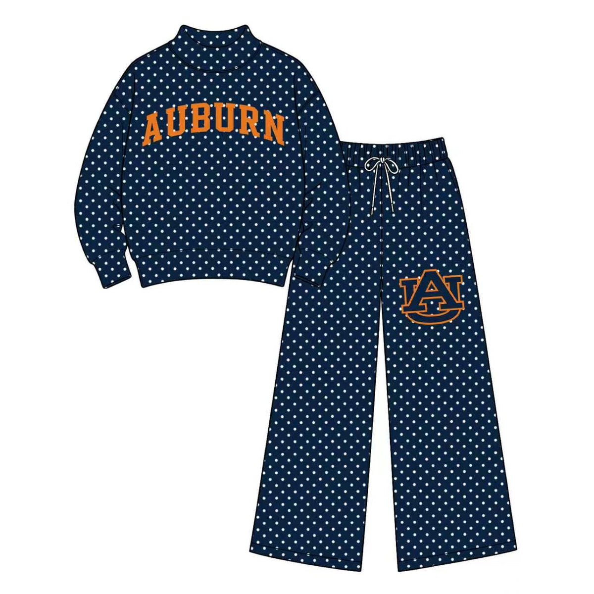 (Custom Design Preorder MOQ 5 Each) Teams AUBURN Polka Dots Mock Necks Navy Top Logo Pockets Pants Girls & Woman Clothes Set