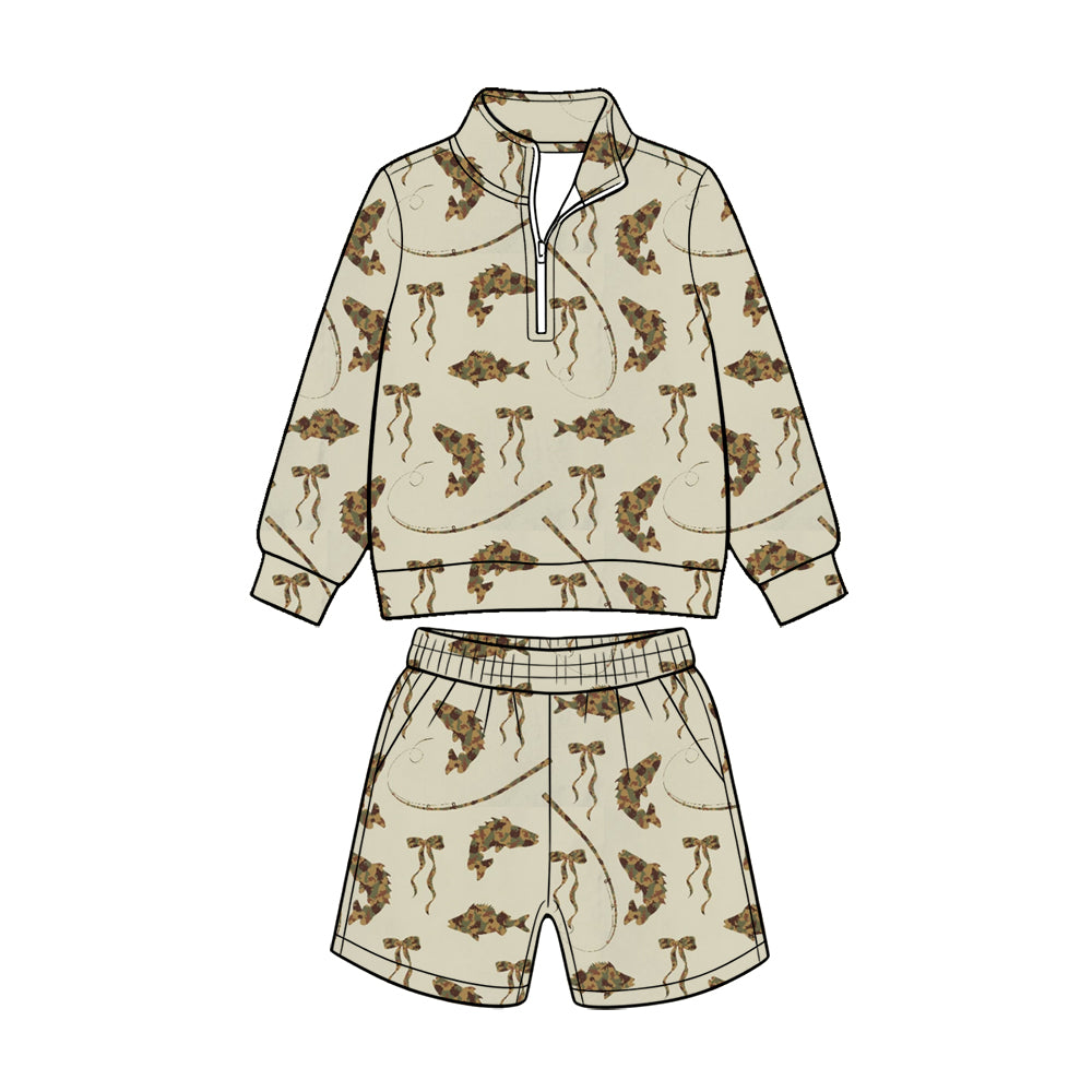 (Custom Design Preorder MOQ 5 Each) Fish Deer Camo Print Long Sleeve Zipper Top Shorts Girls Hunting Clothes Set Sisters Wear